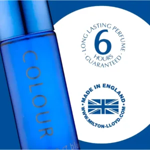 Gros plan du flacon Colour Me Blue avec sceaux garantissant 6 heures de tenue et une fabrication en Angleterre.