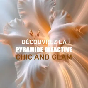 Gros plan artistique d'une fleur blanche et dorée illustrant la pyramide olfactive de la brume Chic and Glam.
