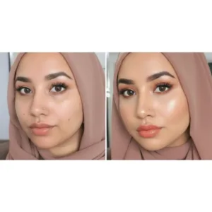 Comparaison avant et après application du fond de teint Topface Skin Twin. Peau unifiée et fini lumineux satiné.