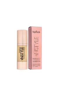 Flacon et emballage du fond de teint Topface Instyle Perfect Coverage SPF 20, texture crémeuse pour un teint lumineux.