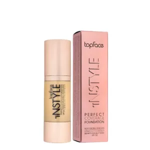 Flacon et emballage du fond de teint Topface Instyle Perfect Coverage SPF 20, texture crémeuse pour un teint lumineux.
