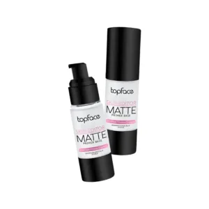 Deux flacons de Topface Skin Editor Matte Primer Base, dont un ouvert montrant la pompe distributrice pratique.