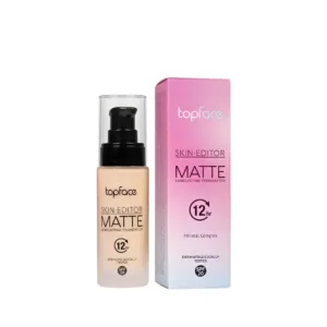 Flacon et boîte du fond de teint liquide Topface Skin Editor Matte nuance 002, fini mat longue tenue 12h avec SPF 20.