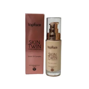 Fond de teint Topface Skin Twin Cover nuance N005, flacon pompe 32ml et son emballage rose doré. SPF 20 et fini satiné.