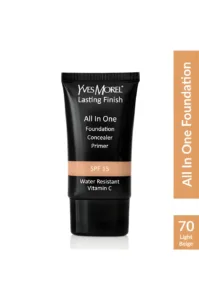 Tube de fond de teint Yves Morel Lasting Finish 3-en-1, teinte 70 Light Beige, avec protection SPF 15 et Vitamine C.