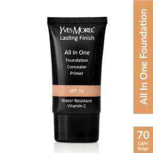 Tube de fond de teint Yves Morel Lasting Finish 3-en-1, teinte 70 Light Beige, avec protection SPF 15 et Vitamine C.