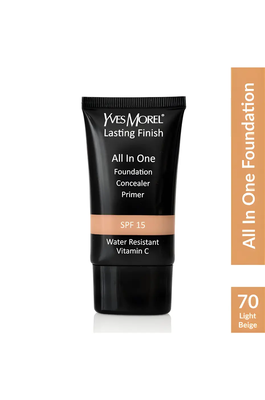 YVES-MORE-FDT-ALL-IN ONE-N-70-1 Tube de fond de teint Yves Morel Lasting Finish 3-en-1, teinte 70 Light Beige, avec protection SPF 15 et Vitamine C.