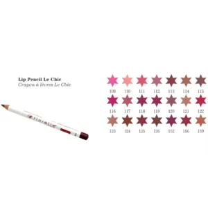 Crayon à lèvres Florelle blanc et nuancier de 21 teintes allant du rose pâle au bordeaux intense en forme d'étoiles.