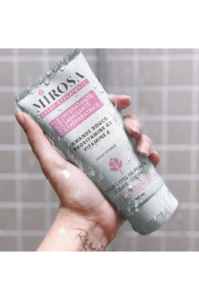 Tube de crème Mirosa grise et rose à l'amande douce, provitamine B5 et vitamine E pour tous types de peaux.