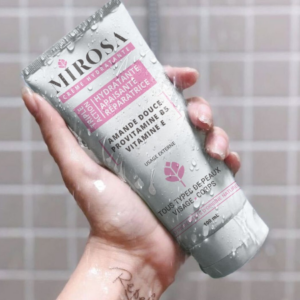 Tube de crème Mirosa grise et rose à l'amande douce, provitamine B5 et vitamine E pour tous types de peaux.