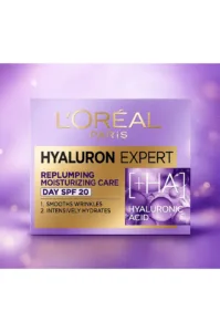 Boîtier violet de la crème de jour L'Oréal Hyaluron Expert à l'acide hyaluronique, soin hydratant et anti-rides SPF 20.