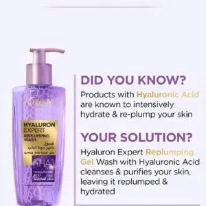 Infographie éducative présentant le gel Hyaluron Expert et les bienfaits hydratants reconnus de l'acide hyaluronique.