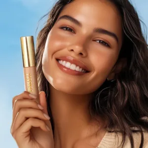 Femme souriante tenant le concealer Flormar Stay Perfect doré, mettant en avant un teint lumineux et unifié.