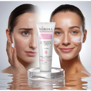 Montage montrant une peau sèche puis éclatante avec le tube Mirosa à l'amande douce et vitamine E au centre.