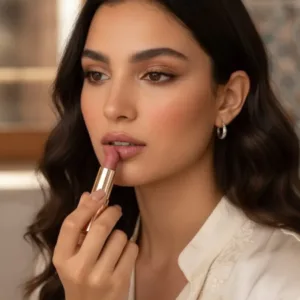 Portrait d'une belle femme tunisienne aux cheveux foncés appliquant le rouge à lèvres Topface Soft Matte 011 Rose Sugar dans un cadre traditionnel.