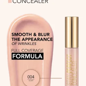 Flacon doré et texture de l'anti-cernes Flormar 004 Ivory avec texte présentant la formule haute couvrance.