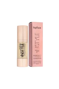 Fond de teint fluide Topface Instyle Perfect Coverage N002 avec son flacon pompe et son emballage rose métallisé.