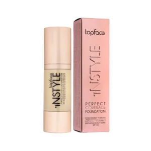 Fond de teint fluide Topface Instyle Perfect Coverage N002 avec son flacon pompe et son emballage rose métallisé.