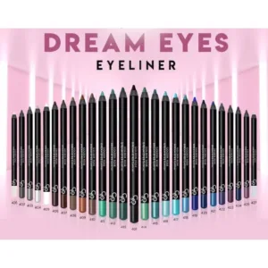 Large sélection de crayons eyeliners Golden Rose Dream Eyes colorés alignés verticalement sur un fond rose lumineux.