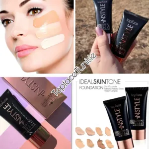 Montage montrant l'application du fond de teint Topface sur un visage, la gamme de teintes et le packaging élégant.