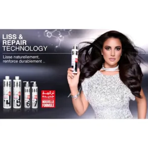Visuel Liss & Repair Technology montrant une femme brune et la gamme K-REINE Protéine Kératine avec nouvelle formule.