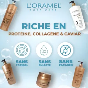 Présentation des produits L'Oramel Pure Care : shampoings et masque, garantis sans formol, sans sulfate et sans paraben.
