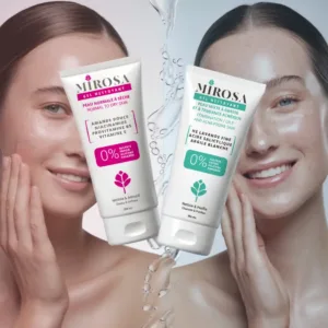 Deux gels nettoyants Mirosa (rose pour peaux sèches, vert pour peaux grasses) avec deux femmes à la peau éclatante.