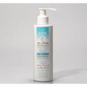 Flacon pompe de gel-crème nettoyant visage K-REINE Hydra-Confort pour peaux sensibles et déshydratées, formule naturelle.
