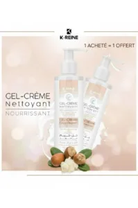 Deux flacons de Gel-Crème Nettoyant K-REINE pour peaux sèches, avec noix de karité sur fond doux et lumineux.