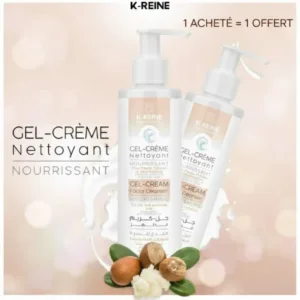 Deux flacons de Gel-Crème Nettoyant K-REINE pour peaux sèches, avec noix de karité sur fond doux et lumineux.