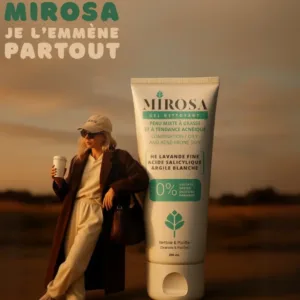 Format 200ml du gel nettoyant Mirosa mis en avant avec une femme en extérieur, illustrant un soin quotidien mobile.