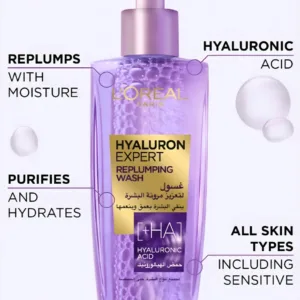 Flacon violet Hyaluron Expert entouré de bulles, avec textes soulignant l'acide hyaluronique et l'action hydratante.