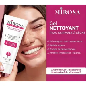 Femme souriante tenant le gel nettoyant MIROSA pour peaux normales à sèches. Visuel rose et blanc avec liste d'ingrédients.