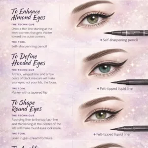 Conseils d'eyeliner pour yeux en amande, tombants, ronds et petits, illustrés avec les outils et gestes précis.