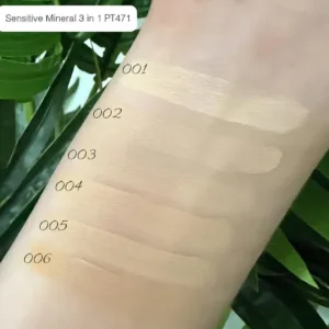 Échantillons de teintes du correcteur Topface Sensitive Mineral sur peau, de la nuance N001 à N006.