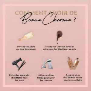 Infographie rose présentant des conseils capillaires illustrés par une brosse, un sèche-cheveux, une douche et les produits.