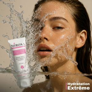 Éclaboussure d'eau sur le visage d'une femme à côté du tube Mirosa, illustrant une hydratation fraîche et profonde.