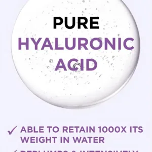 Gros plan sur une goutte de gel pur avec texte expliquant la capacité de rétention d'eau de l'acide hyaluronique.