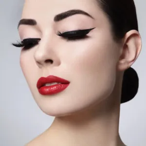 Femme au maquillage élégant : eyeliner noir épais façon œil de chat, rouge à lèvres rouge vif et teint parfait.