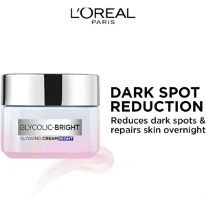 Crème de nuit L'Oréal Glycolic-Bright pour réduire les taches brunes et réparer la peau pendant le sommeil.