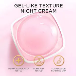 Texture gel rose de la crème de nuit L’Oréal Glycolic-Bright avec billes encapsulées, vue de dessus du pot ouvert.