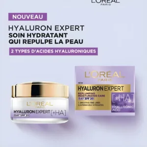Pot et boîte de crème Hyaluron Expert L'Oréal Paris, soin hydratant à deux types d'acides hyaluroniques et protection SPF 20.