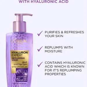Gros plan sur le flacon pompe Hyaluron Expert avec une liste confirmant ses propriétés rafraîchissantes et hydratantes.