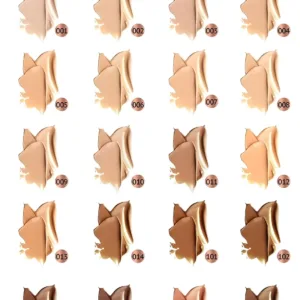 Guide des teintes du fond de teint Topface Instyle de 001 à 106, illustré par des échantillons de textures.