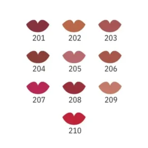 Illustration de dix formes de lèvres colorées numérotées de 201 à 210, présentant la gamme de teintes des crayons Florelle.