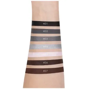 Swatches de sept teintes d'eyeliners Dream Eyes sur un avant-bras, allant du noir intense au marron foncé.