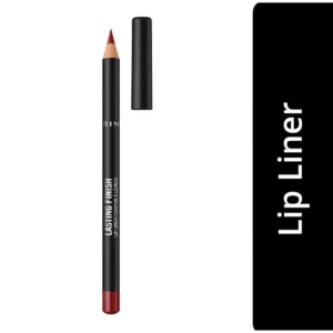 Crayon à lèvres Rimmel Lasting Finish 580 Bitten Red ouvert, révélant une mine rouge bordeaux précise sur fond blanc.