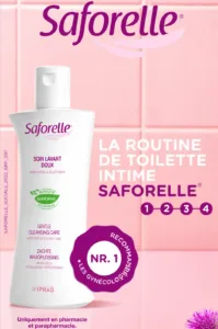 Flacon blanc de Soin Lavant Doux Saforelle 2 en 1 à l'extrait de bardane pour apaiser les irritations et l'inconfort intime.