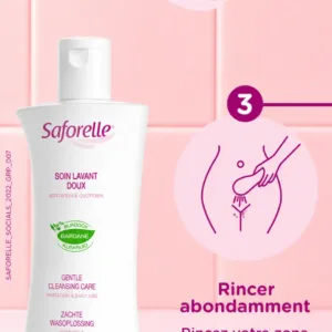Illustration de l'étape 3 Saforelle : rinçage abondant à l'eau de la zone intime après l'application du Soin Lavant Doux.
