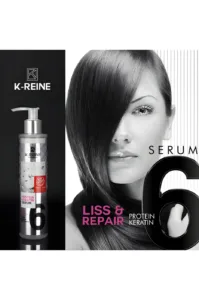 Flacon gris du sérum K-REINE 6 Protein Keratin à côté d'une femme aux cheveux lisses et brillants.